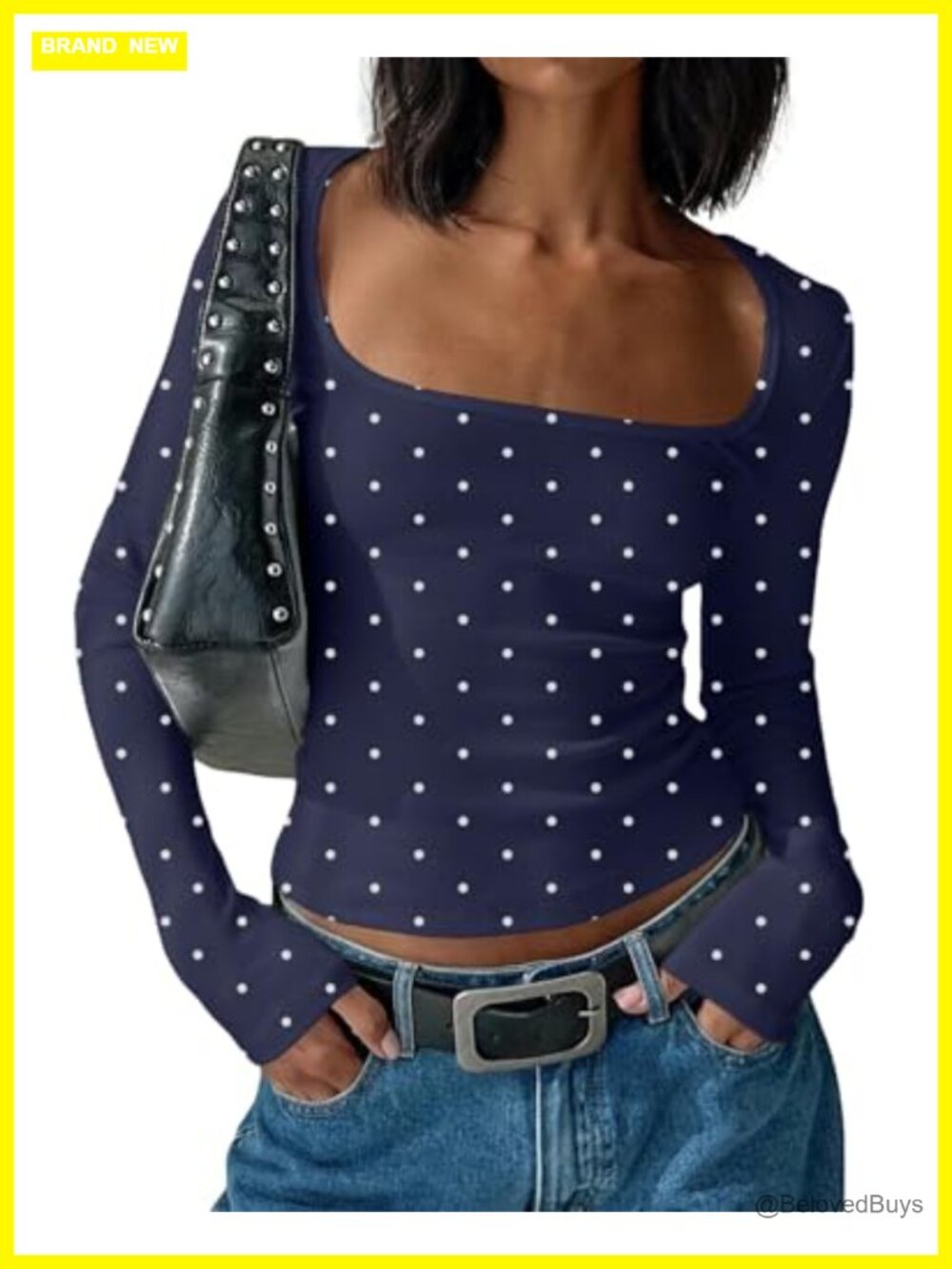 Women's Polka Dot Long Sleeve Scoop Neck Crop Top Y2K Boho Jersey T-Shirt